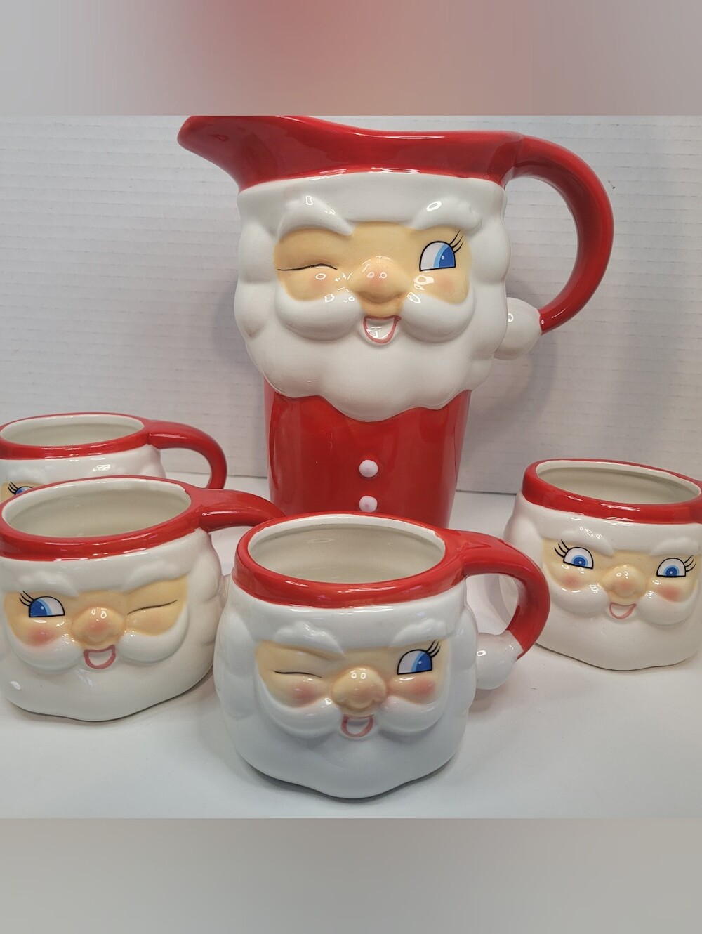 Tinsel Town Retro Vintage Santa pitcher and mugs in the Holt Howard Style